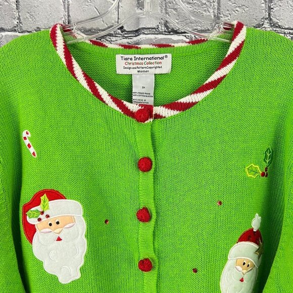 Vintage Tiara International Christmas Santa Cardigan Sweater With Red & White Tr - Picture 7 of 11